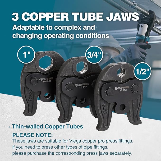 ZUPPER Mini Pro Press Tool kit with 3 Copper Pro Press Jaws 1/2", 3/4", 1", Brushless Motor, 2pcs Battery, Fast Charger & Carrying Case