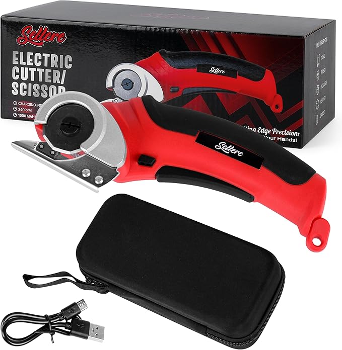 Sellere Electric Cutter for Cardboard & Carpet - Cordless Electric Scissors for Fabric - Carrying Case Included - Box Cutter Electric - 4.2V & 2000mAh - Low Noise & Low Vibration