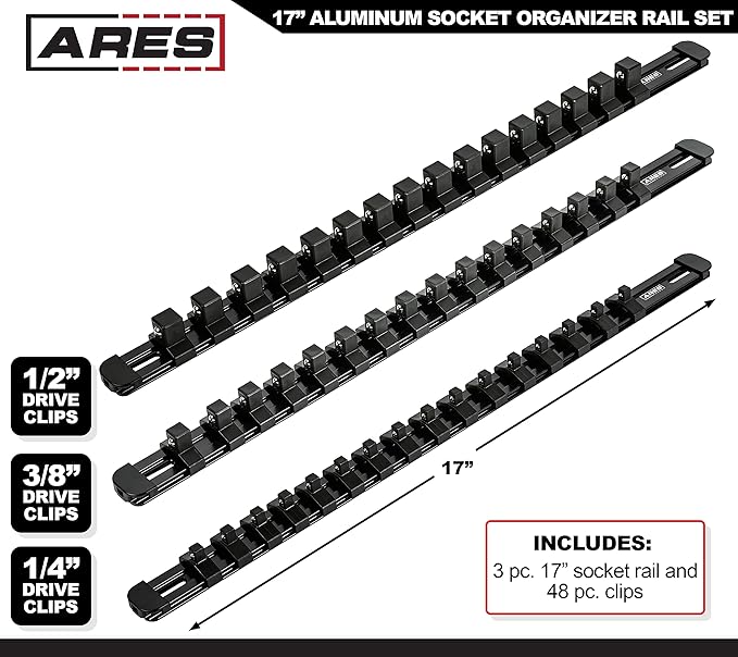 ARES 60123-3-Piece Black 17-Inch Aluminum Socket Rail Set with Locking End Caps - Includes 1/4-Inch, 3/8-Inch, and 1/2-Inch Drive Rails - Each Aluminum Rail Stores up to 16 Sockets