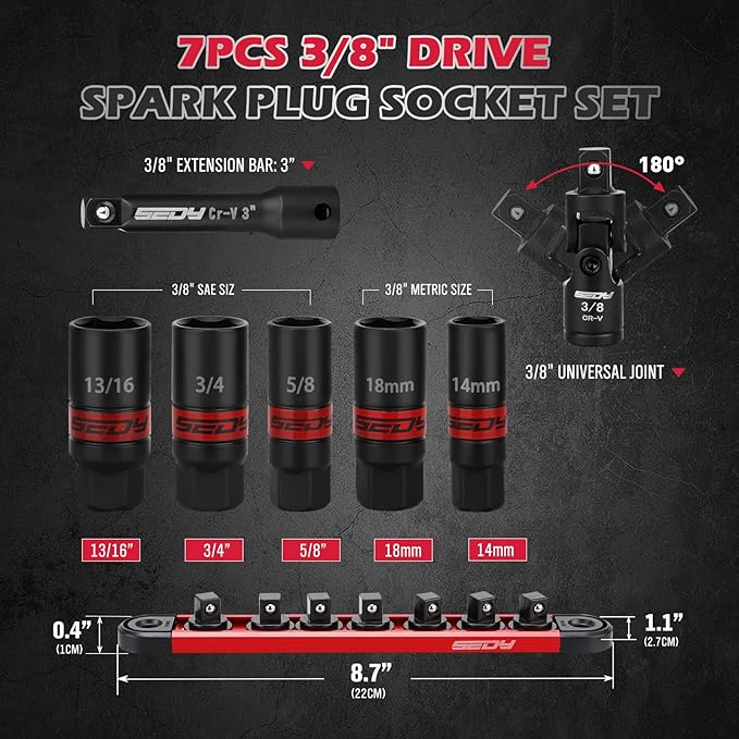 8-Piece 3/8''-Drive Spark Plug Socket Set, Impact Spark Plug Socket Set with Magnetic Rail, SAE & Metric, 5/8-inch, 3/4-inch, 13/16-inch, 14mm, 18mm, Extension Bars, Universal Joint