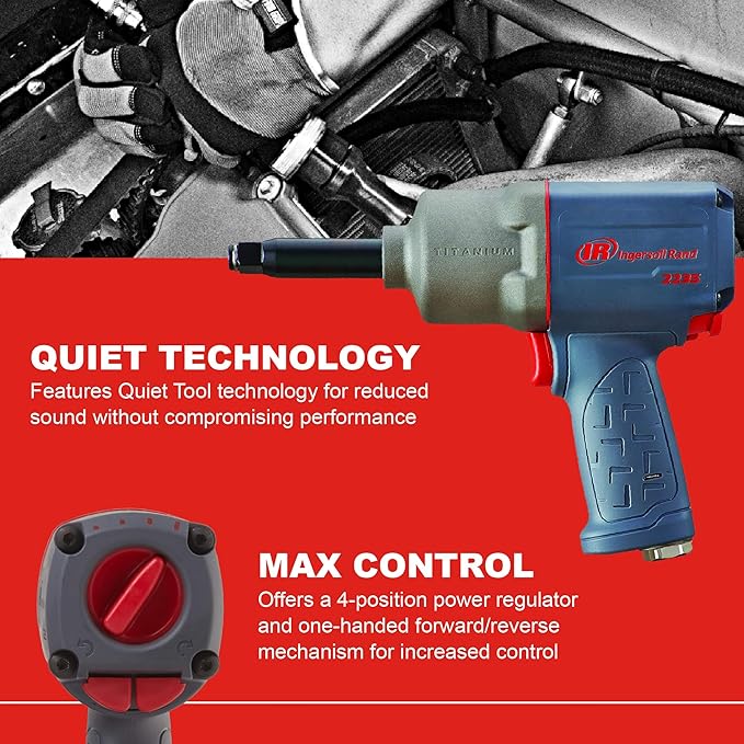 Ingersoll Rand 2235QTIMAX-2 1/2" Air Impact Wrench, 2" Ext Anvil, Quiet, 1300 ft-lb Torque, Titanium Hammercase, Friction Ring Retainer, Pistol