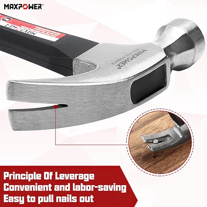 MAXPOWER Hammer Set, 8oz & 20oz Claw Hammers, Polished Alloy Steel Hammer-Head & Fiberglass Handle with Rubber Grip
