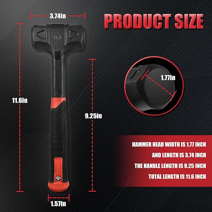 YIYITOOLS 1LB (16oz) Dead Blow Hammer, Heavy Duty One-Piece Forged Carbon Steel Construction, Steel Ball-Filled Head, Anti-Vibration Rubber Grip, Spark and Rebound Resistant, Ideal for DIY, Automotive