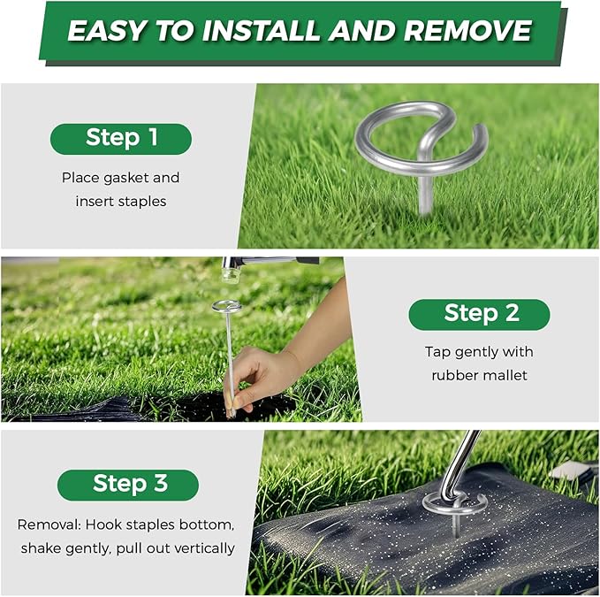6 Inch Landscape Fabric Staples, 50Pcs Garden Stakes Galvanized +Pick Hook +Rubber Mallet, G Shaped Weed Barrier Stakes 11 Gauge Lawn Staples Landscape Pins for Yard, Sod, Weed Mat