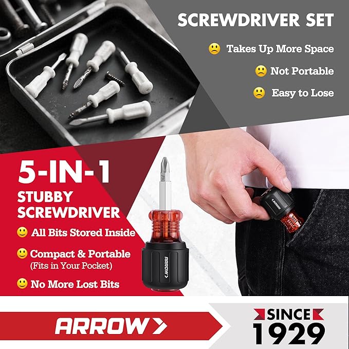 ARROW 2PCS Multi-Screwdriver Set, 11-in-1 Standard/5-in-1 Stubby Multi-bit Screw Driver & Nut Driver Set, Premium S2 Steel, Comfortable Grip, with Phillips, Slotted, Torx, Square Bits and Hex Sockets