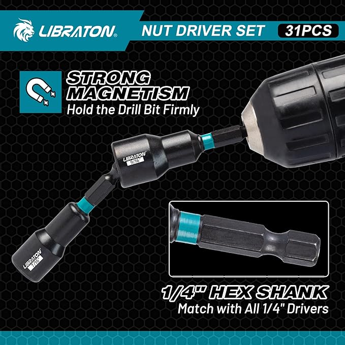 LIBRATON 31PCS Magnetic Nut Driver Set, 1/4" Impact Drill Driver Bit Set, Long Nut Drivers 6INCH, Metric & SAE Nut Drivers for Impact Drill, Socket Set, Impact to Hex Converter, PH1, PH2, Storage Box
