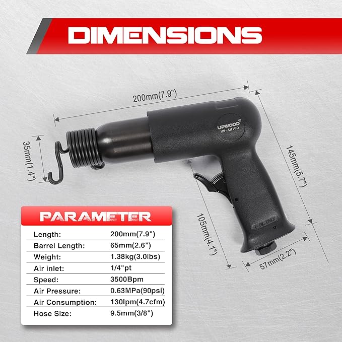 UW-AH190 Medium Barrel Air Hammer Kit with Quick Change Retainer and 4 Chisels, 2-5/8 Inch Stroke, 3500 BPM, Lightweight