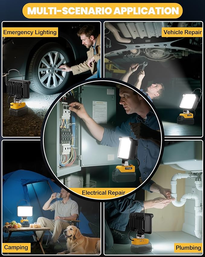 LIVOWALNY Cordless LED Work Light Compatible with Dewalt, 78W 7800LM 5" 20V Battery Flashlights with USB & Type-C & Low Voltage Protection & 140째 Pivoting Head for Emergency, Outdoors & Job Site Light