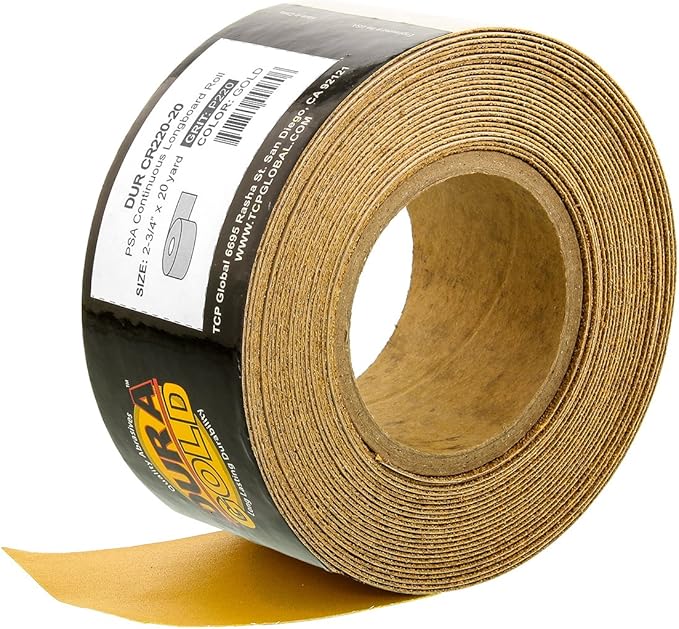 Dura-Gold Premium Gold 220 Grit PSA Longboard Sandpaper, 20 Yard Roll, 2-3/4" Wide, Self Adhesive Stickyback, Woodworking & Automotive Sandpaper Roll, Air File Sand Paper, Auto Sanding Blocks