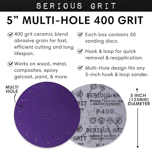 Serious Grit 5-Inch 400 Grit Ceramic Multi-Hole Hook & Loop Sanding Discs - Advanced Grain for Fast Cutting & Long Life - Film-Backed Universal Fit Sandpaper for 5-in Sanders - 50 Pack Box