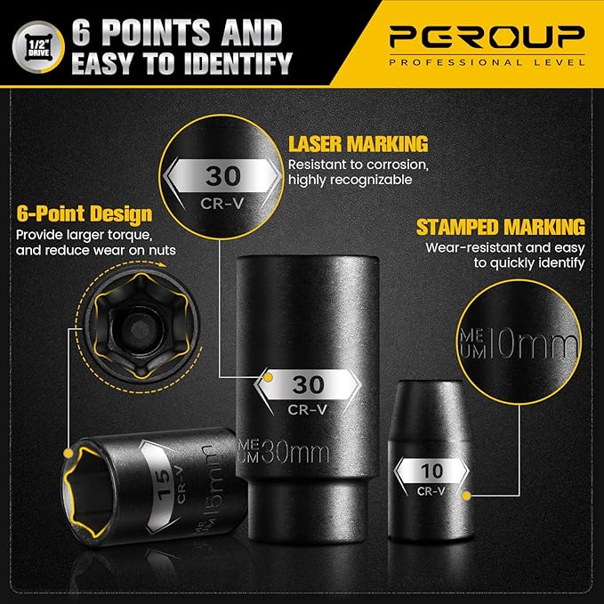 45PCS 1/2??Drive Metric Impact Socket Set, pgroup Deep & Shallow Socket Set with Extension Bars, Adapter and Universal Joint, Size 9-32mm, 6-Point Design, Chrome Vanadium Steel, Includes Storage Case