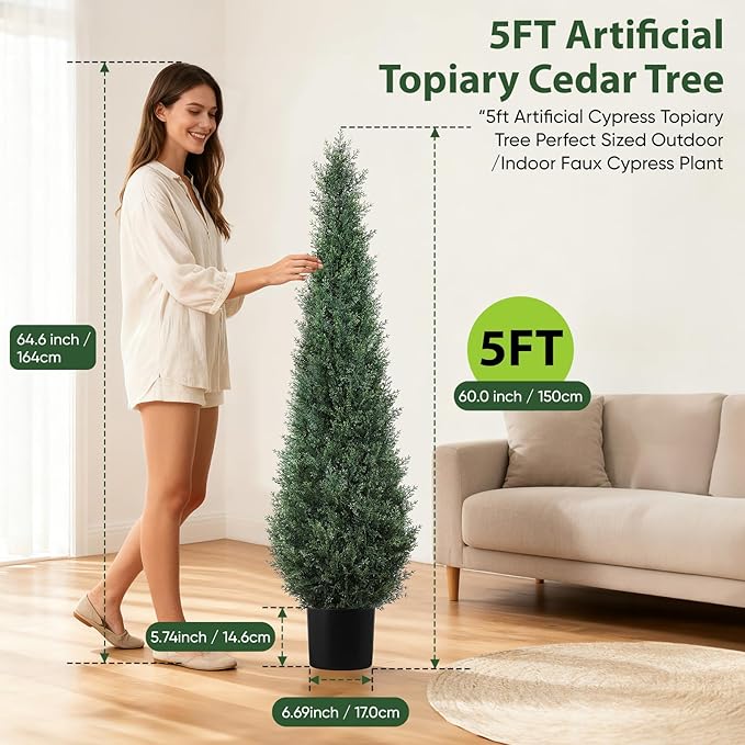 Artificial Trees for Outdoors, BUZIGUBY Artificial Cedar Topiary Trees, 5FT Topiary Trees Artificial Outdoors for Porch, Dense Arborvitae Tree for Front Door Patio Deck Balcony Yard Decor, 2 Pack
