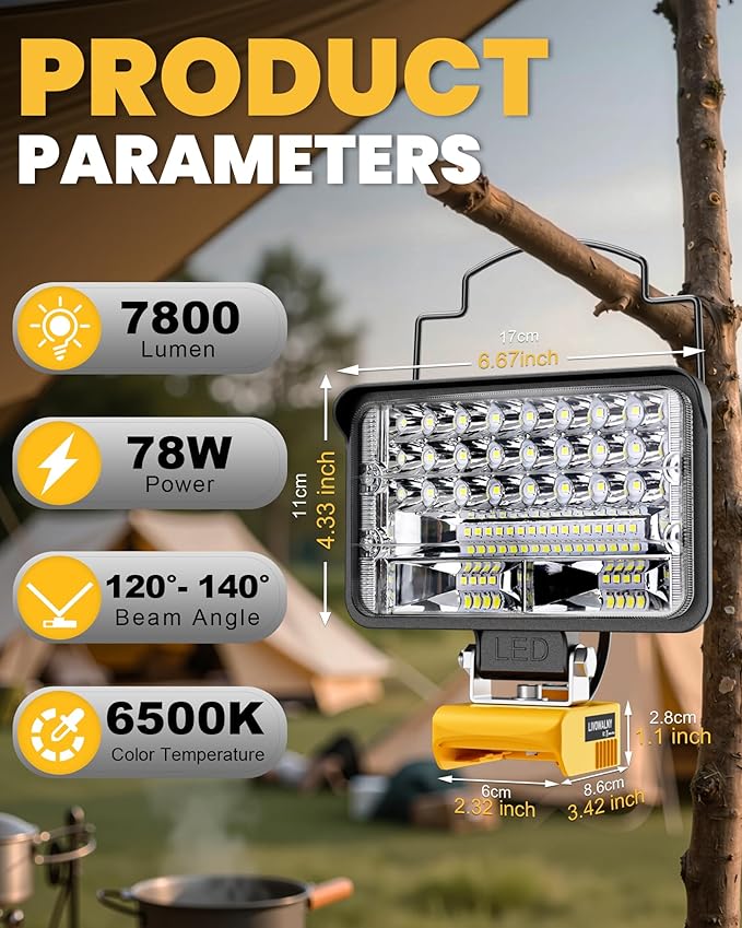 LIVOWALNY Cordless LED Work Light Compatible with Dewalt, 78W 7800LM 5" 20V Battery Flashlights with USB & Type-C & Low Voltage Protection & 140째 Pivoting Head for Emergency, Outdoors & Job Site Light