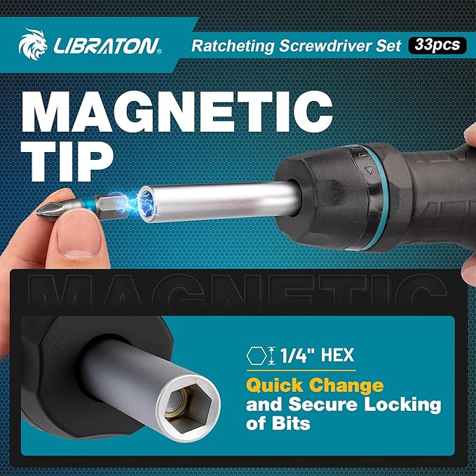 LIBRATON Ratchet Screwdriver Set, 33-in-1 Multi-Bit, Magnetic, Slotted/Philips/Pozi/Torx/Hex/Square Bits, Home/Auto/DIY