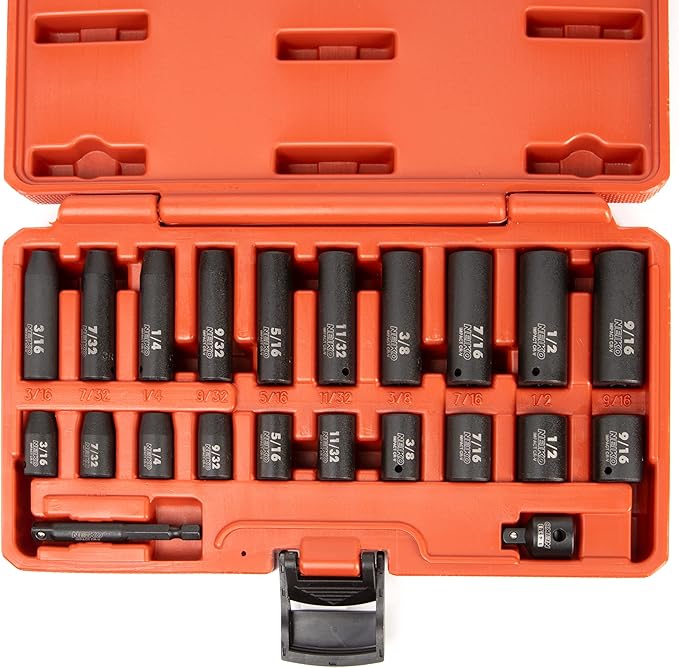 NEIKO 02435A, 22 Piece, 1/4 Socket Set, Standard 3/16????9/16??SAE, Deep and Shallow Sockets, Chrome Vanadium Steel, 3/8??to 1/4??Reducer, Hex Shank Socket Impact Adapter, 1/4 Drive Socket Set