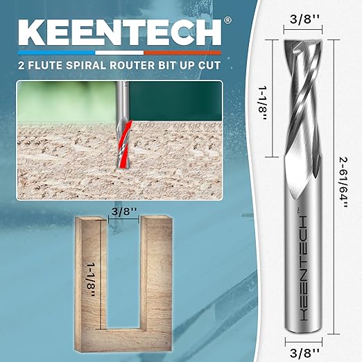 KEENTECH 3/8" Shank Upcut 2 Flute Flat Tip Sprial Router Bit for CNC Router Machine, 3/8" Cutting Diameter, 1-1/8" Cutting Depth, for Wood Cutting, Custom Furniture, Slot Mortise, Engraving, Carving