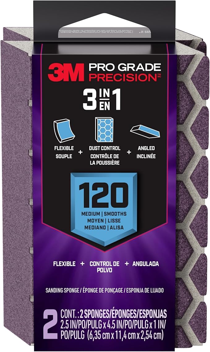 3M Pro Grade Precision 3-in-1 Sanding Sponge, 120 Grit Medium, 2 Sponges, Washable & Reusable, for Wood, Metal, Drywall, and Surface Prep ??Flexible Foam, Contoured, Angled, Flat