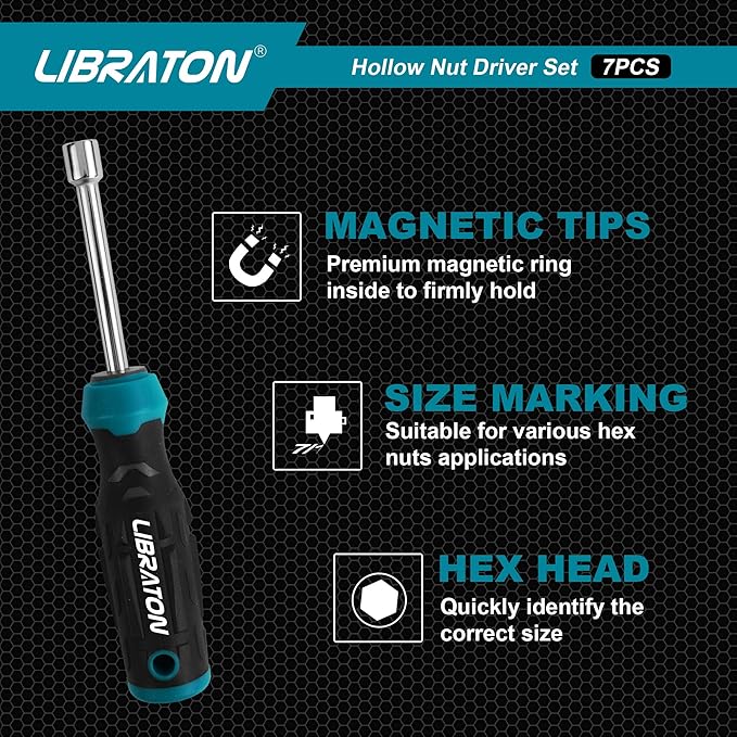 Libraton Hollow Nut Driver Set SAE, Magnetic Hex Nut Drivers, 3-inch Full-hollow Shaft for Long Bolts, 7-Pieces Standard Sizes 3/16, 1/4, 5/16, 11/32, 3/8, 7/16, 1/2 Inch