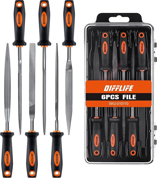 7'' Needle File Set - Carbon Steel 6-Piece With Handles, Hardened Alloy Strength Steel - Includes Flat, Flat Warding, Square, Triangular, Round, and Half-Round Files