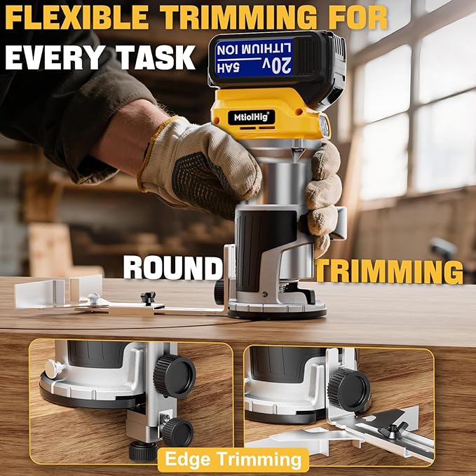 Cordless Compact Router Compatible with Dewalt 20V Battery, With 1 x 5.0Ah Rechargeable Battery, 6 Pcs Router Bits for Woodworking, Router With Trim Bits, Edge & Roller Guide