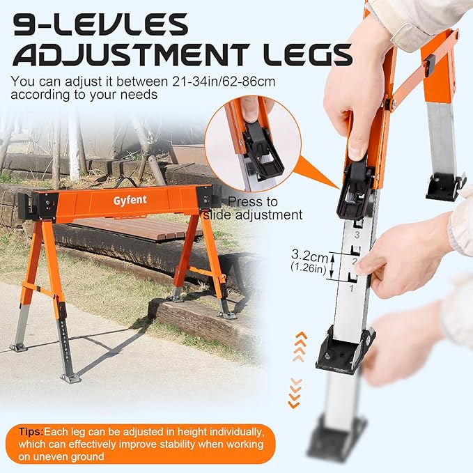 Saw Horses 2 Pack, 4400Lbs Load Capacity Saw Horse Folding Heavy Duty Sawhorses 21-34in Adjustable Height Professional Saw Horse with 2x4 Bracket for Woodworking Carpenters Contractors, Orange