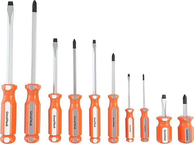 GreatNeck 73773 10 Piece Screwdriver Set, Phillips and Slotted Screwdriver Kit, Magnetic Tips, Impact-Resistant Handle with Fluted Design for Sure Grip