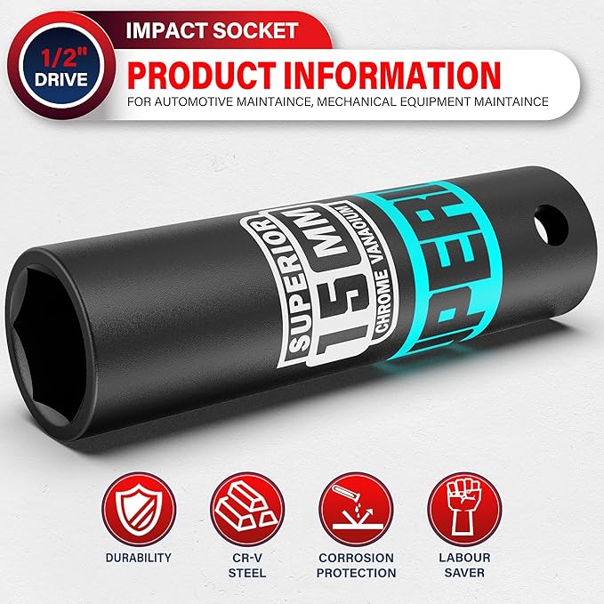1/2" Drive Impact Socket, 15 mm Deep Socket, Metric, 6 Point, CR-V, for Automotive Maintaince, Mechanical Equipment Maintaince