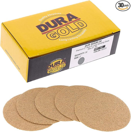 Dura-Gold Premium 2" Gold Hook & Loop Sanding Discs - 80 Grit (Box of 30) - High-Performance Extra Coarse Cut Abrasive Sandpaper Discs - for DA Sanders Drill, Sand Automotive Paint, Woodworking Wood