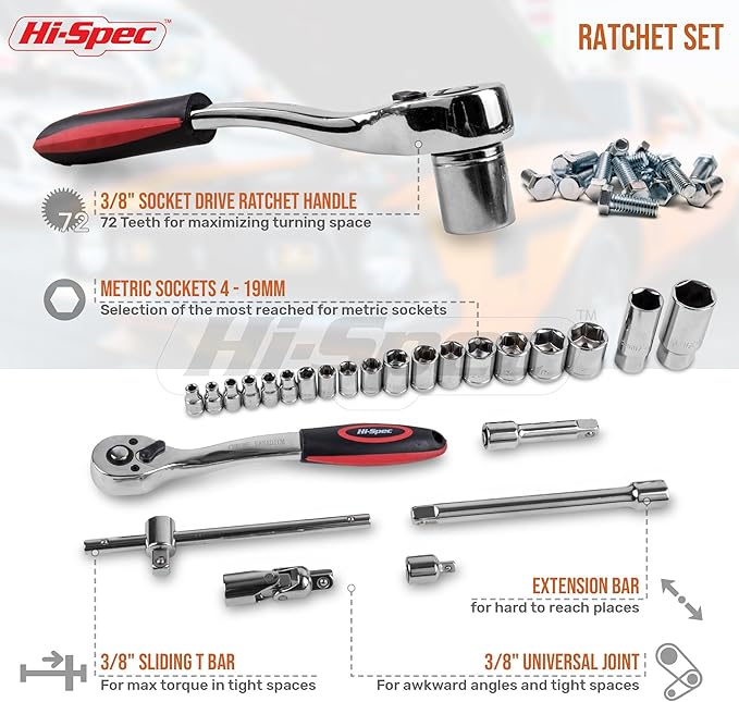 Hi-Spec 67Pc Metric Auto Mechanic Tool Set, Motorcycle & Car Tool Kit, Auto Repair with Pliers, Screwdriver Set, Socket Kit & Tool Box Storage Case for Cars, Trucks, Boats RVs & Jeeps