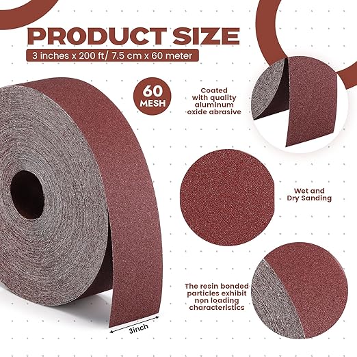 Abrasive Sandpaper Roll 3''x 200 ft 80 Grit Drum Sander Sandpaper Rolls Sand Paper Roll Emery Cloth Roll for Drum Sander Sandpaper Continuous Roll Wood Automotive Polishing