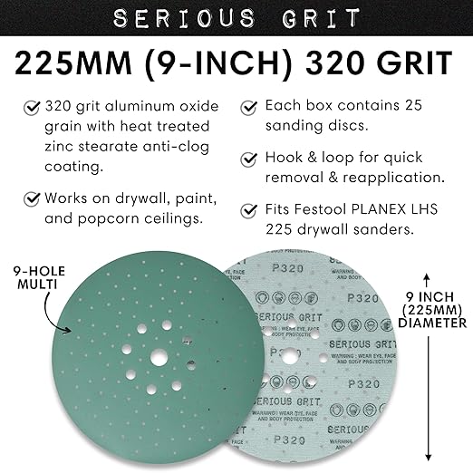 Serious Grit - 225mm 9-Hole 320 Grit Drywall Sanding Discs - Fits Festool Planex LHS 225 Sanders - Heavy-Duty Hook & Loop Film Abrasives - Dust-Free Multi-Hole Drywall Sander Sandpaper - 25 Pack