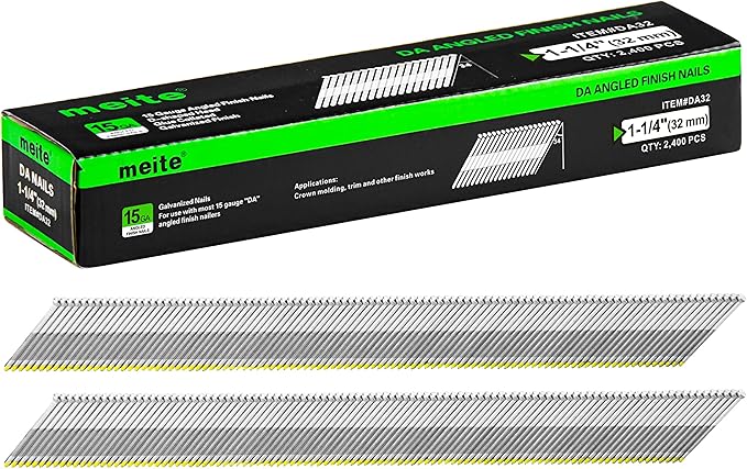 meite 15 Gauge Angled Finish Nails 1-1/4 Inch 34 Degree Nails for Pneumatic Electric Finish Nailer, Galvanized No-Rust Mini-Head Finishing Nail for Cabinet Crown Baseboard Window Casing, 19,200 PCS