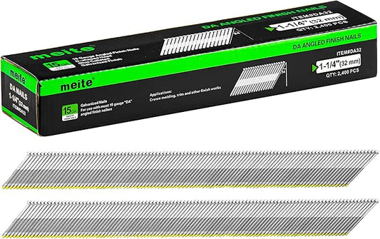 meite 15 Gauge Angled Finish Nails 1-1/4 Inch 34 Degree Nails for Pneumatic Electric Finish Nailer, Galvanized No-Rust Mini-Head Finishing Nail for Cabinet Crown Baseboard Window Casing, 19,200 PCS