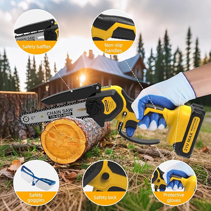 6 Inch Mini Chainsaw Cordless,Upgraded Electric Chainsaw with Battery level display and Tool-Free Tensioner,Portable Mini Chain saw for Trees Branches Trimming,Wood Cutting