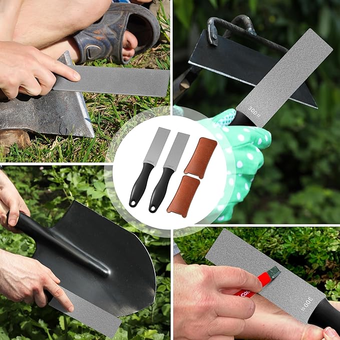 Feekoon 2 Pcs Dual Grit Diamond Sharpening Stone File Coarse 300# /Extra Fine 1000# Grit with Leather Sleeve Garden Tool Blade Sharpener for Knife, Axe, Lawn Mower Blade, Shears, Chisel Spade(Black)