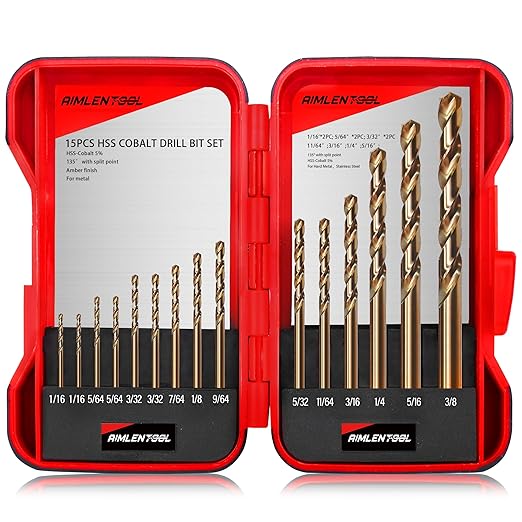 15Pcs Cobalt Drill Bit Set, M35 HSS, SAE (1/16" - 3/8"), 135째 Tip, Twist Jobber Length Drill Bit Kit for Hardened Metal, Stainless Steel, Cast Iron, Plastic and Wood, Indexed Storage Case