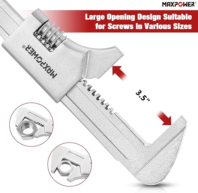 MAXPOWER 14 1/2" Automotive Wrench, Wide Jaw Opening 3.5", Adjustable Auto Wrench for Automobiles Construction, Machine Maintenance and Home Repairs