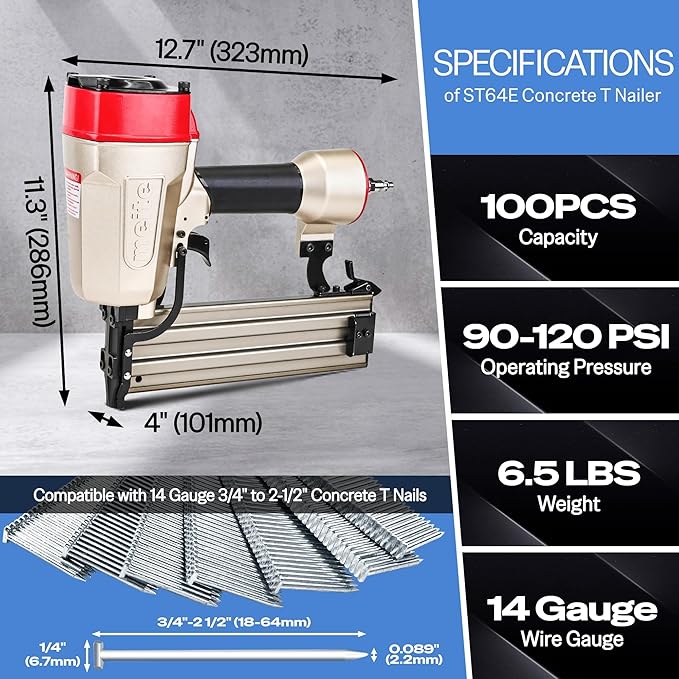 meite ST64E Concrete Nail Gun Heavy Duty Pneumatic Concrete T-Nailer Gun for Plywood/Decking/Furring, 100PCS Magazine, Accepts 3/4'' to 2-1/2''