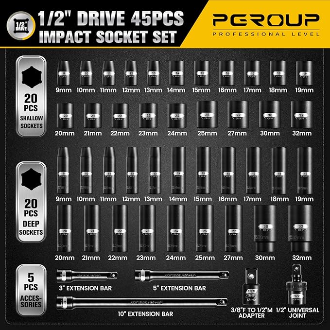 45PCS 1/2??Drive Metric Impact Socket Set, pgroup Deep & Shallow Socket Set with Extension Bars, Adapter and Universal Joint, Size 9-32mm, 6-Point Design, Chrome Vanadium Steel, Includes Storage Case
