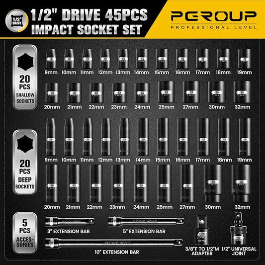 45PCS 1/2??Drive Metric Impact Socket Set, pgroup Deep & Shallow Socket Set with Extension Bars, Adapter and Universal Joint, Size 9-32mm, 6-Point Design, Chrome Vanadium Steel, Includes Storage Case