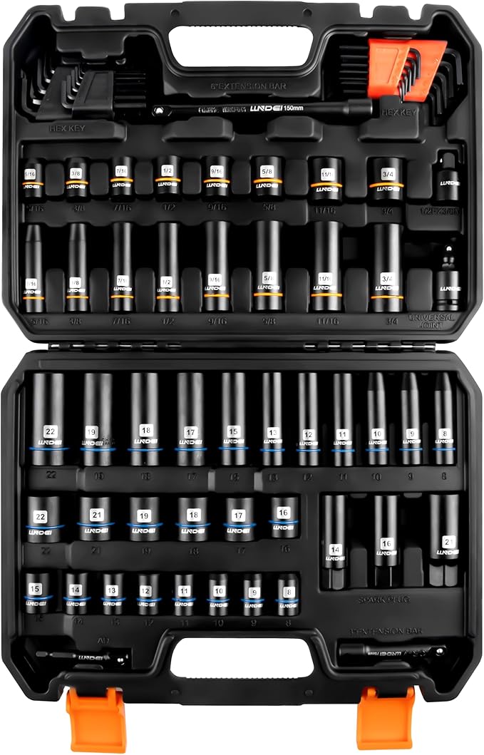 LLNDEI 3/8 inch Drive 12 Point Socket Set 71 Piece,SAE(5/16-3/4in) and Metric(8-22mm),Deep & Shallow,CR-V.With Drill Socket Adapter & Extension Bar 3/8 in,Hex Key Set 12Pt Can Also be Used on 6pt