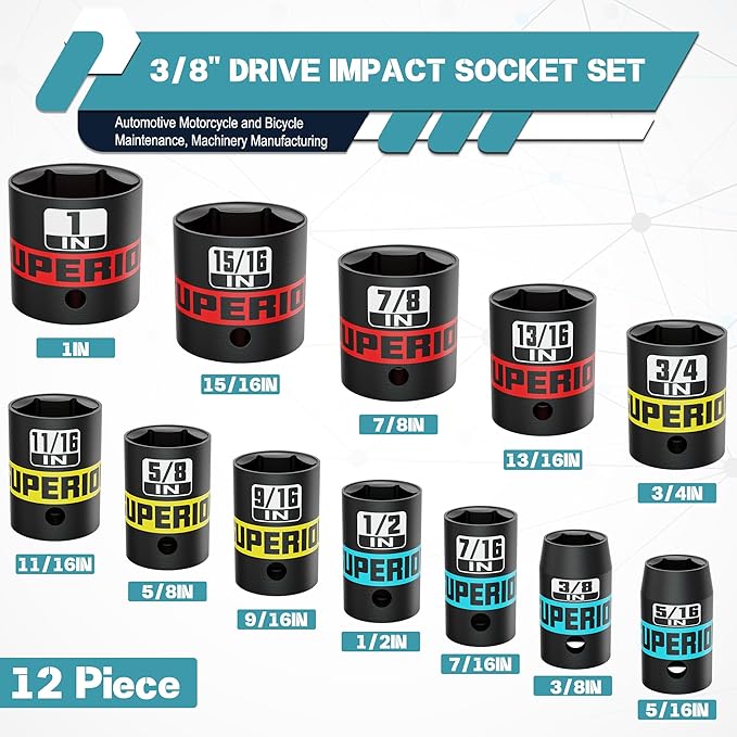 12 Piece 3/8" Drive Impact Socket Set, 5/16??to 1??Shallow Socket, SAE, 6 Point, CR-V, Automotive Motorcycle and Bicycle Maintenance, Machinery Manufacturing