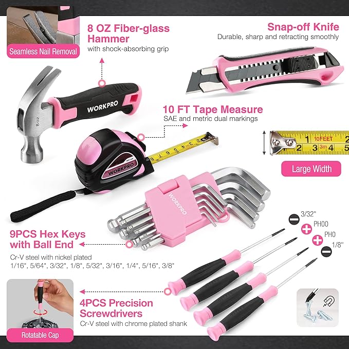 WORKPRO Pink Tool Set with Drill, 43PCS Power Drill Set with Toolbox, 8V Lithium-ion Cordless Drill and Bits, 2.0 Ah Portable Electric Screwdriver Home Tool Set with Stackable Box- Pink Ribbon