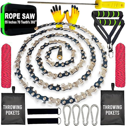 55 Inch High Limb Rope Saw with Dual Sided 70 Teeth 360° Chain – Manual Hand Saw for Tree Branch Cutting – Fast, Portable & Durable Outdoor Tree Trimming Tool Kit