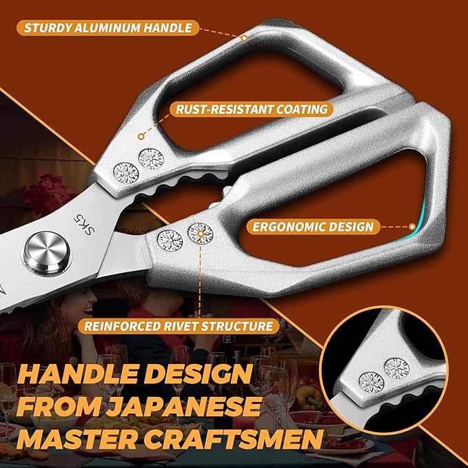 Kitchen Scissors for Food Japanese - Poultry Shears, Japanese All Purpose Heavy Duty for Chicken Wing/Bone, Meat, Quail, Fish, Turkey, Vegetables, Stainless Steel Cooking Aid Scissors, Dishwasher Safe