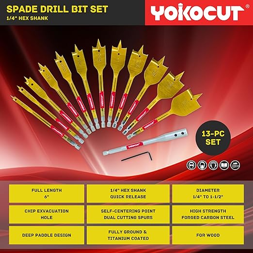 Spade Drill Bit Set, 13pcs Paddle Bits in SAE, 1/4 Hex Shank Flat Wood Bits for Woodworking, 1/4" to 1-1/2" Spade Bits for Wood with Nylon Storage Pouch