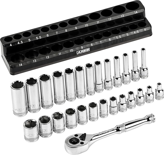 ARES 47003-28-Piece 1/4-inch Drive Metric Socket and 90-Tooth Ratchet Set with Magnetic Organizer - Sizes 4mm to 14mm Deep and Shallow Sockets