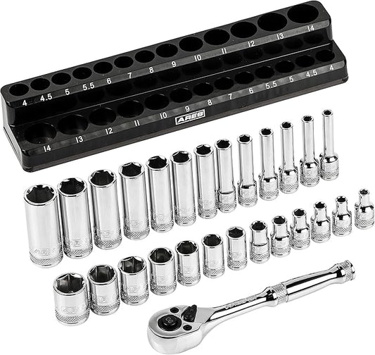 ARES 47003-28-Piece 1/4-inch Drive Metric Socket and 90-Tooth Ratchet Set with Magnetic Organizer - Sizes 4mm to 14mm Deep and Shallow Sockets