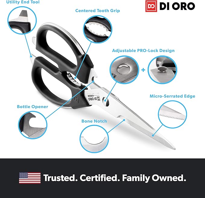 DI ORO Heavy Duty Kitchen Shears - All Purpose - Sharp Scissors for Food, Meat, & Herbs - Stainless Steel Kitchen Shears Heavy Duty & Dishwasher Safe - Bone Cutting Scissors