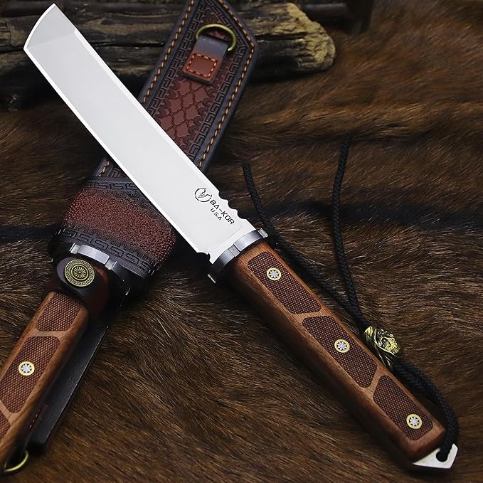 BA-KOR 7mm 9CR18MOV steel (15.6IN) sandalwood handle full Tang fixed knife+scabbard+(single shoulder strap)&(5.9IN) cerium igniter, suitable for outdoor hunting, camping, survival, EDC tool knife
